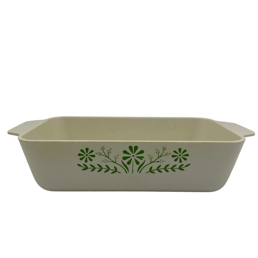 Vintage Oven Loaf Pan Bakeware Melmac Made in USA Green Flowers